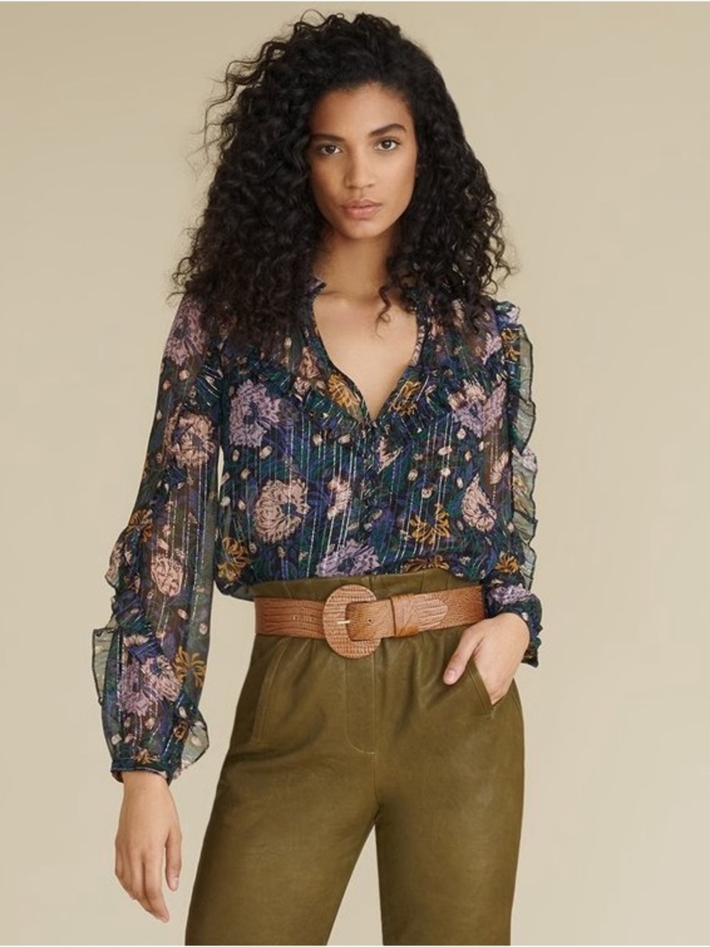 Veronica Beard Abra Silk Lurex Floral Ruffle Long Sleeve Blouse